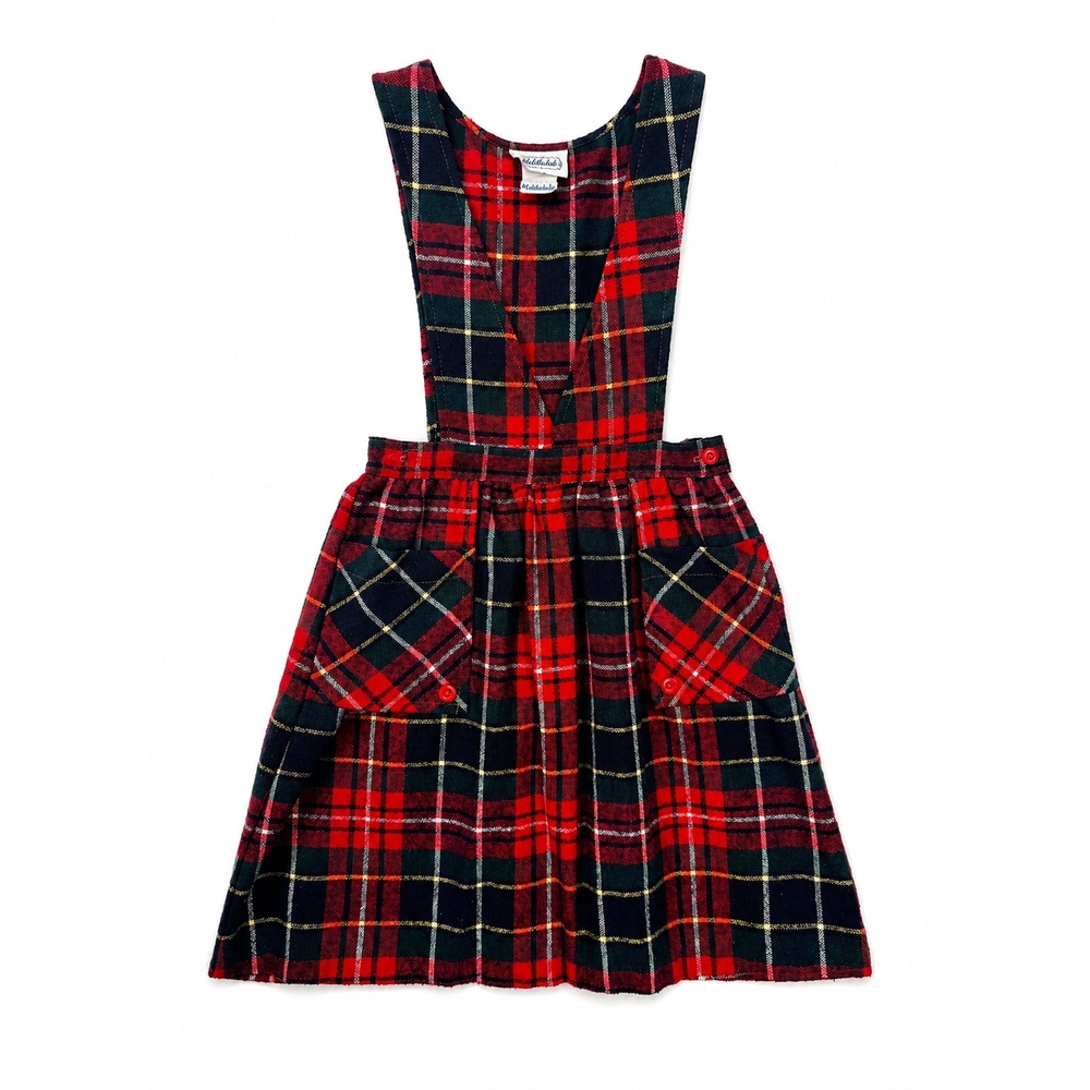 Vintage Girls Plaid Jumper Dress Red Tartan Wool Blend Pinafore XS‎ 5 6